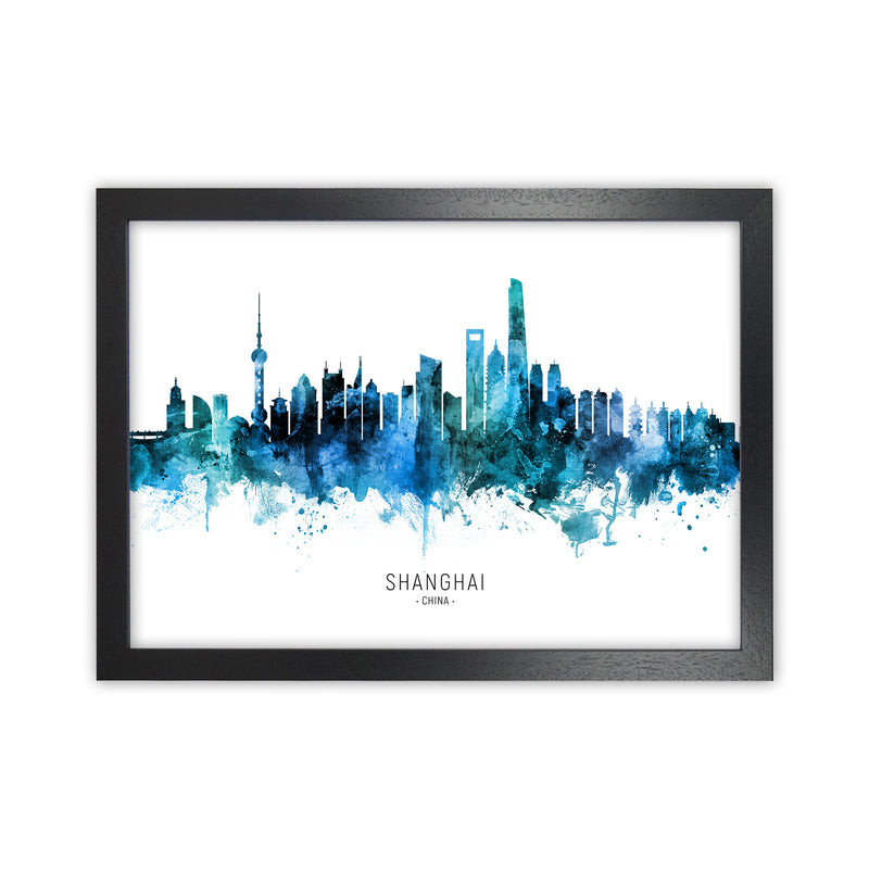 Shanghai China Skyline Blue City Name  by Michael Tompsett Black Grain