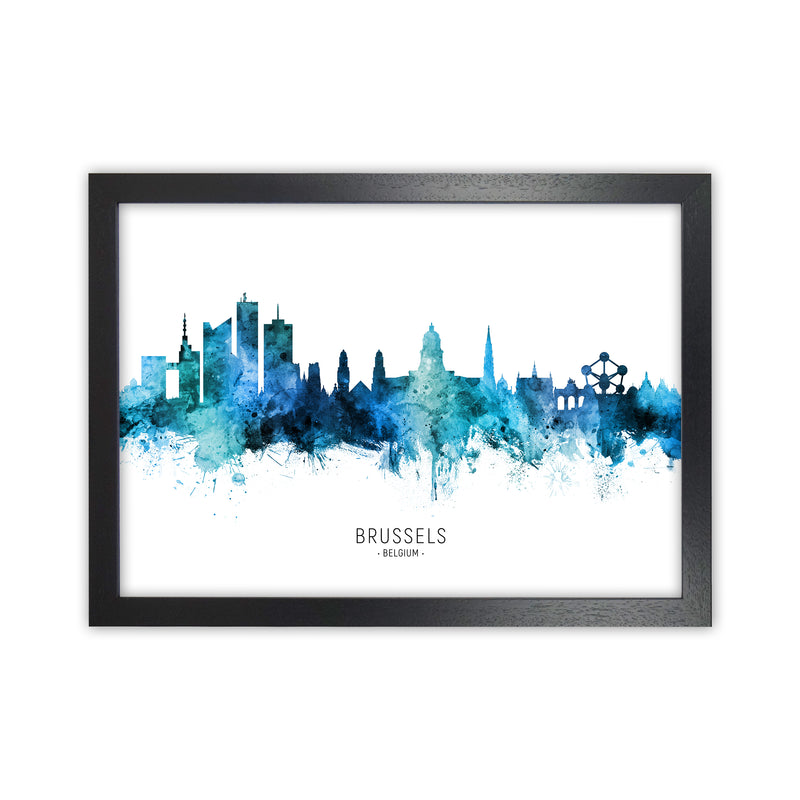 Brussels Belgium Skyline Blue City Name  by Michael Tompsett Black Grain
