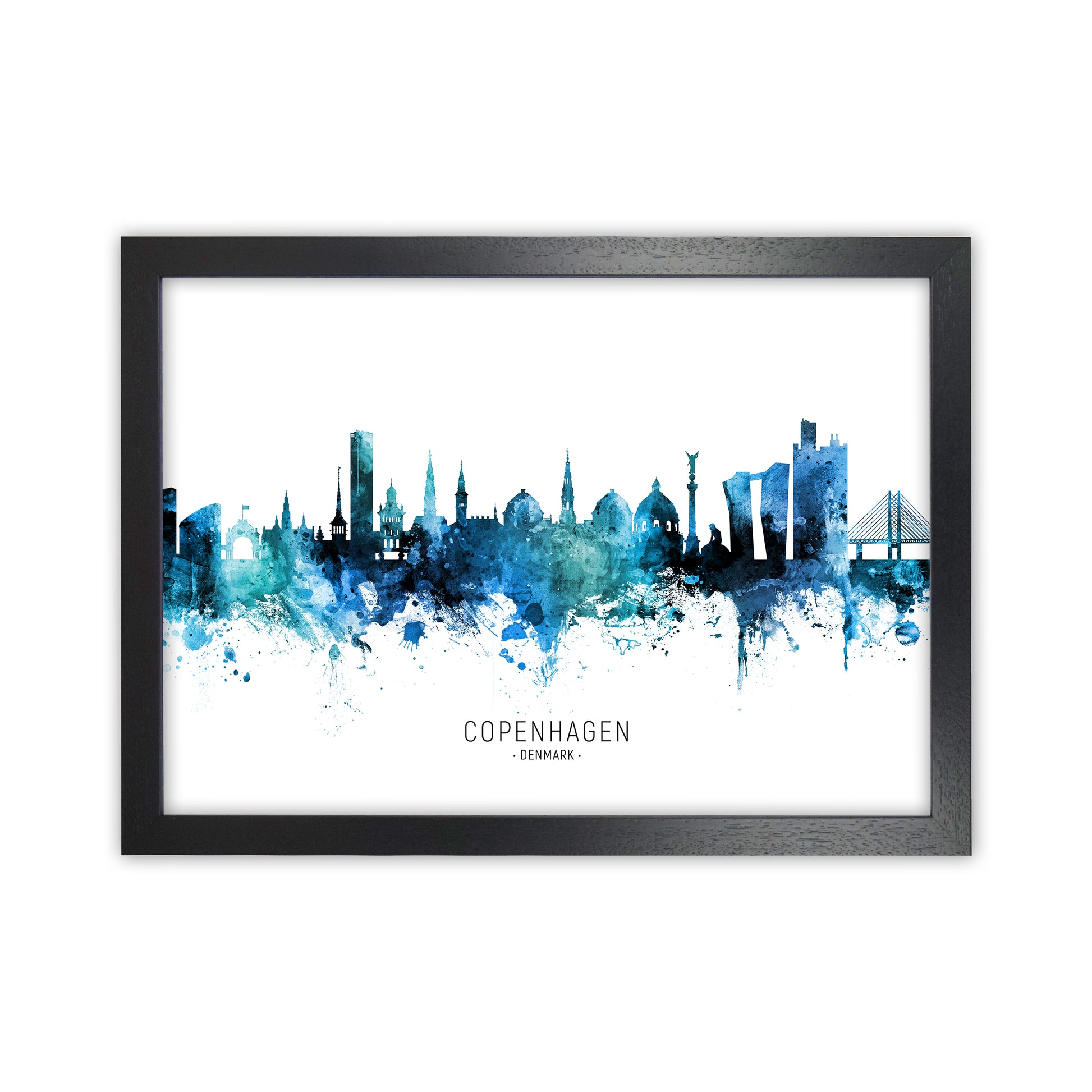 Copenhagen Denmark Skyline Blue City Name  by Michael Tompsett Black Grain