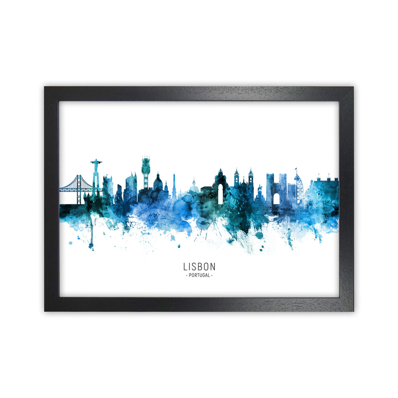 Lisbon Portugal Skyline Blue City Name  by Michael Tompsett Black Grain