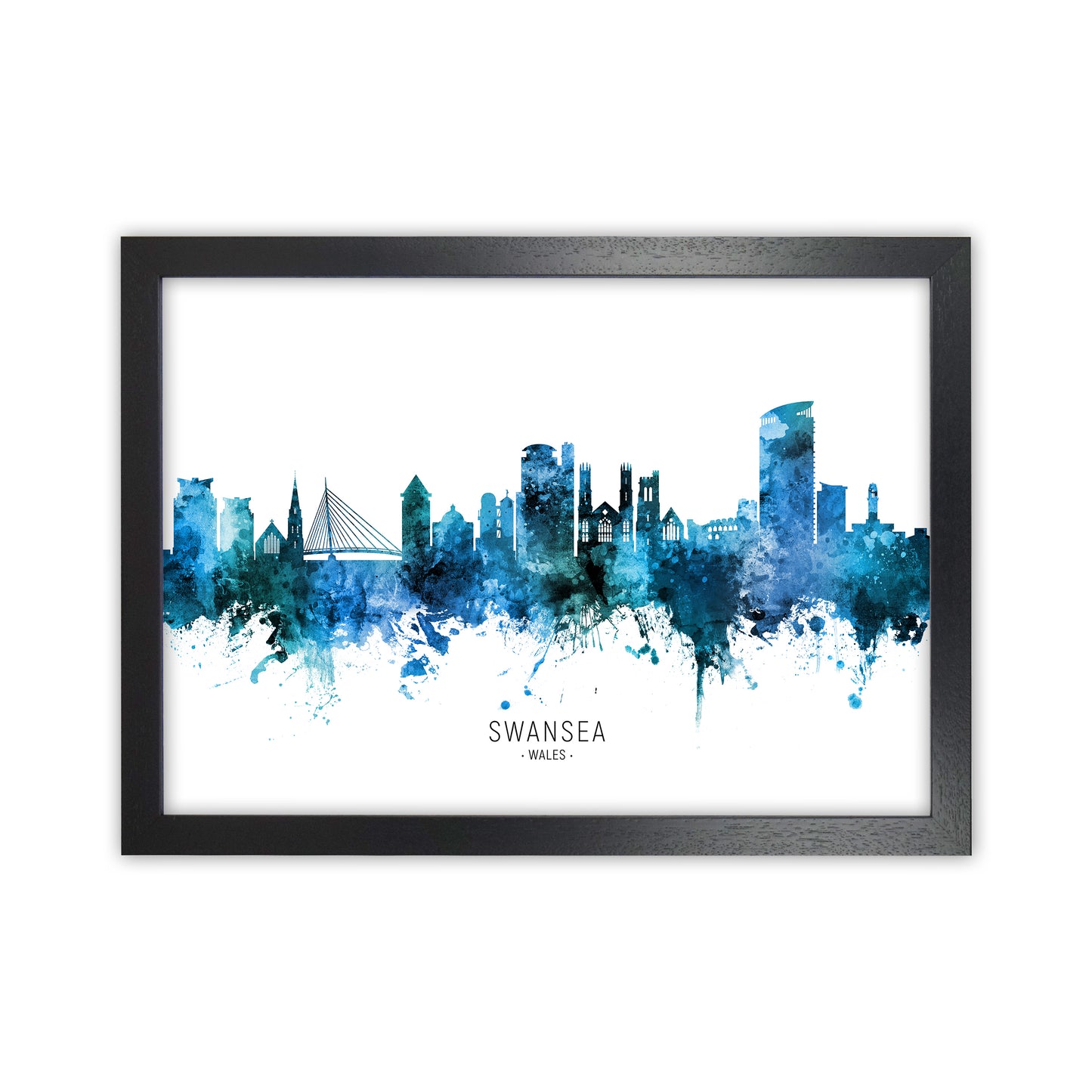 Swansea Wales Skyline Blue City Name  by Michael Tompsett Black Grain