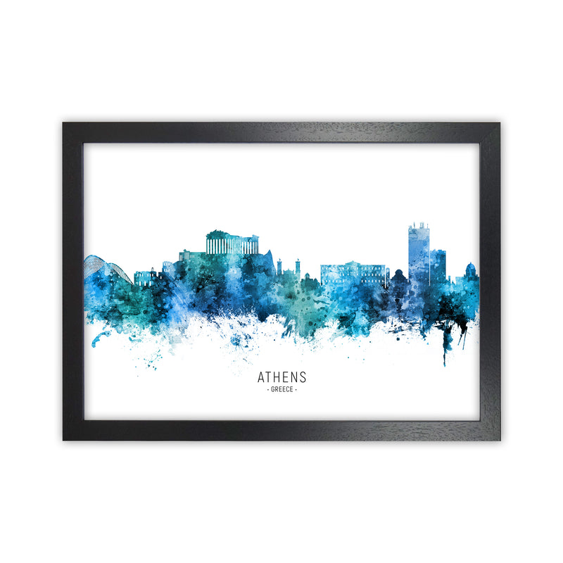 Athens Greece Skyline Blue City Name  by Michael Tompsett Black Grain