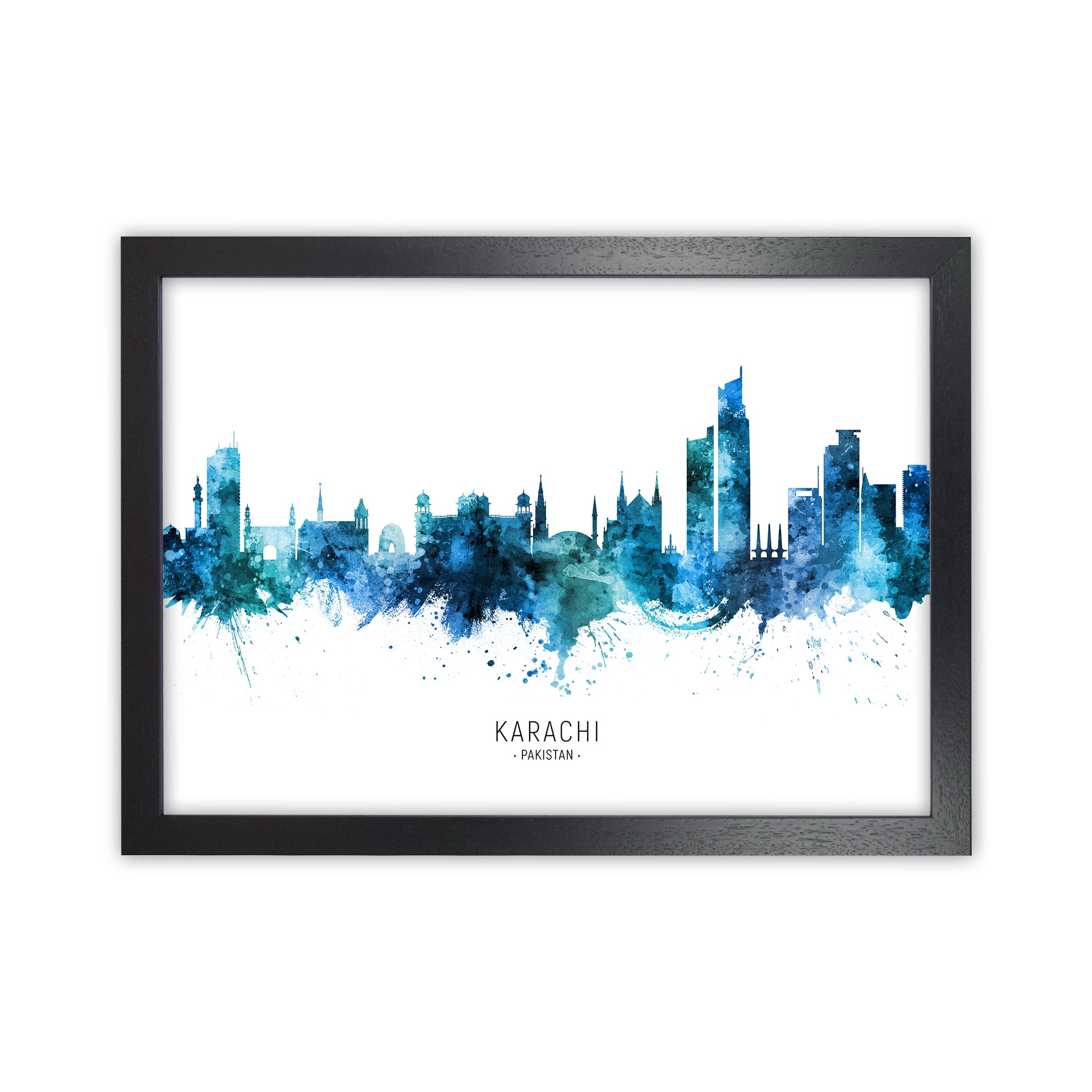 Karachi Pakistan Skyline Blue City Name  by Michael Tompsett Black Grain