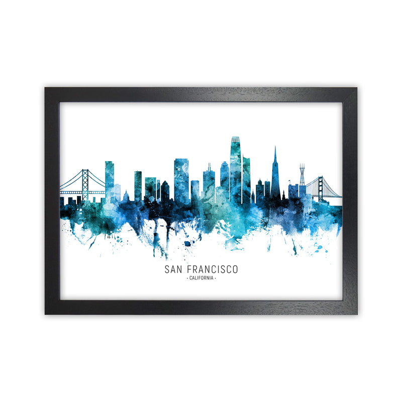 San Francisco California Skyline Blue City Name  by Michael Tompsett Black Grain