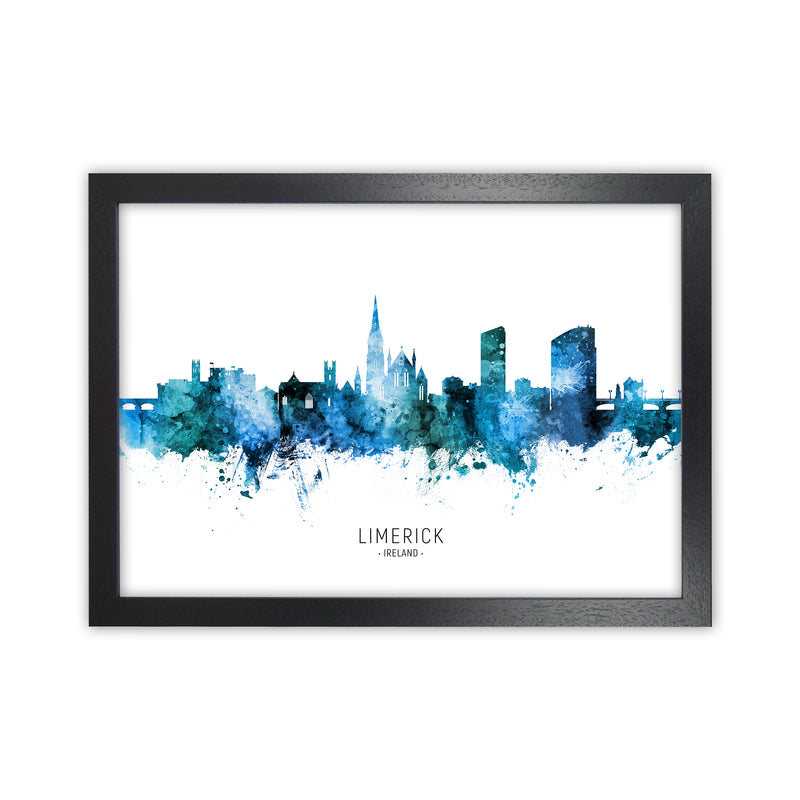 Limerick Ireland Skyline Blue City Name  by Michael Tompsett Black Grain