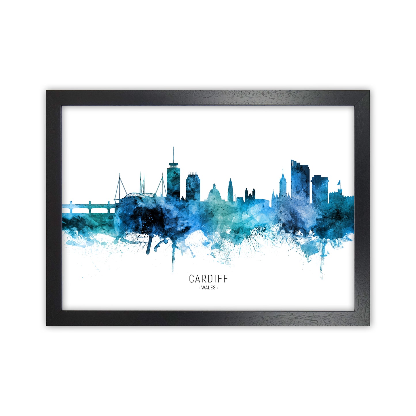 Cardiff Wales Skyline Blue City Name  by Michael Tompsett Black Grain