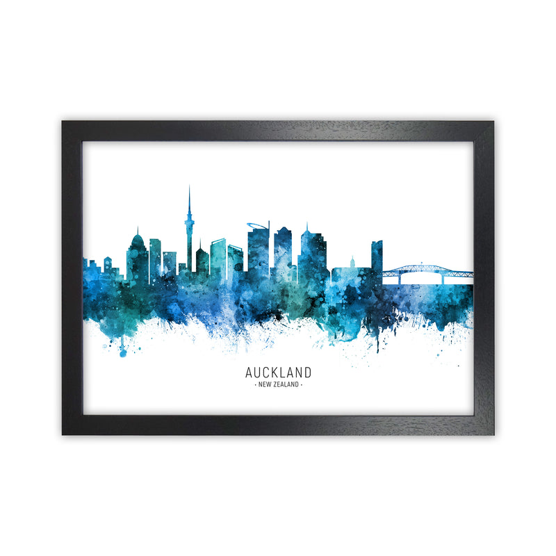 Auckland New Zealand Skyline Blue City Name  by Michael Tompsett Black Grain