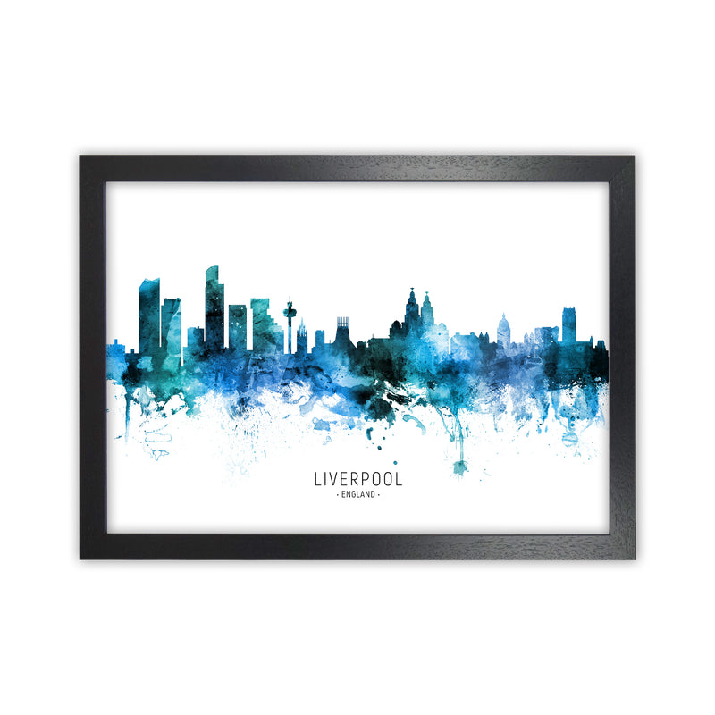 Liverpool England Skyline Blue City Name  by Michael Tompsett Black Grain