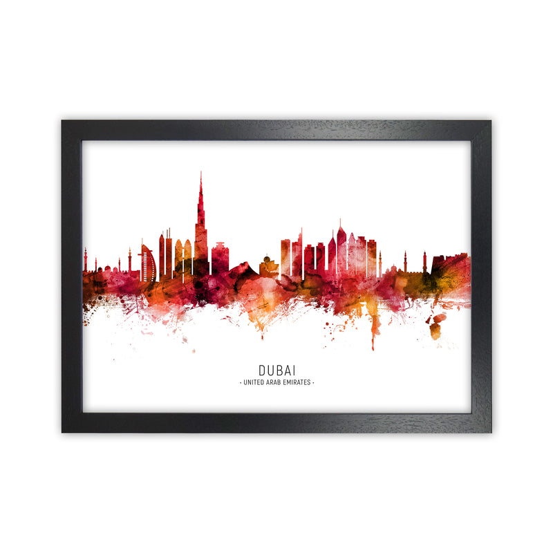 Dubai United Arab Emirates Skyline Red City Name  by Michael Tompsett Black Grain