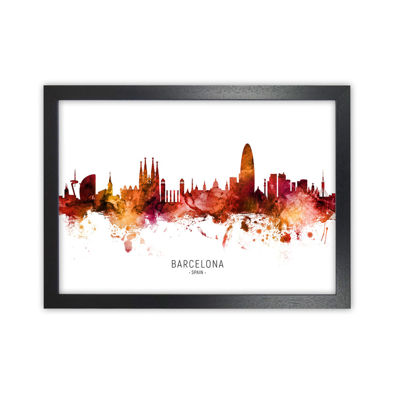 Barcelona Spain Skyline Red City Name  by Michael Tompsett Black Grain