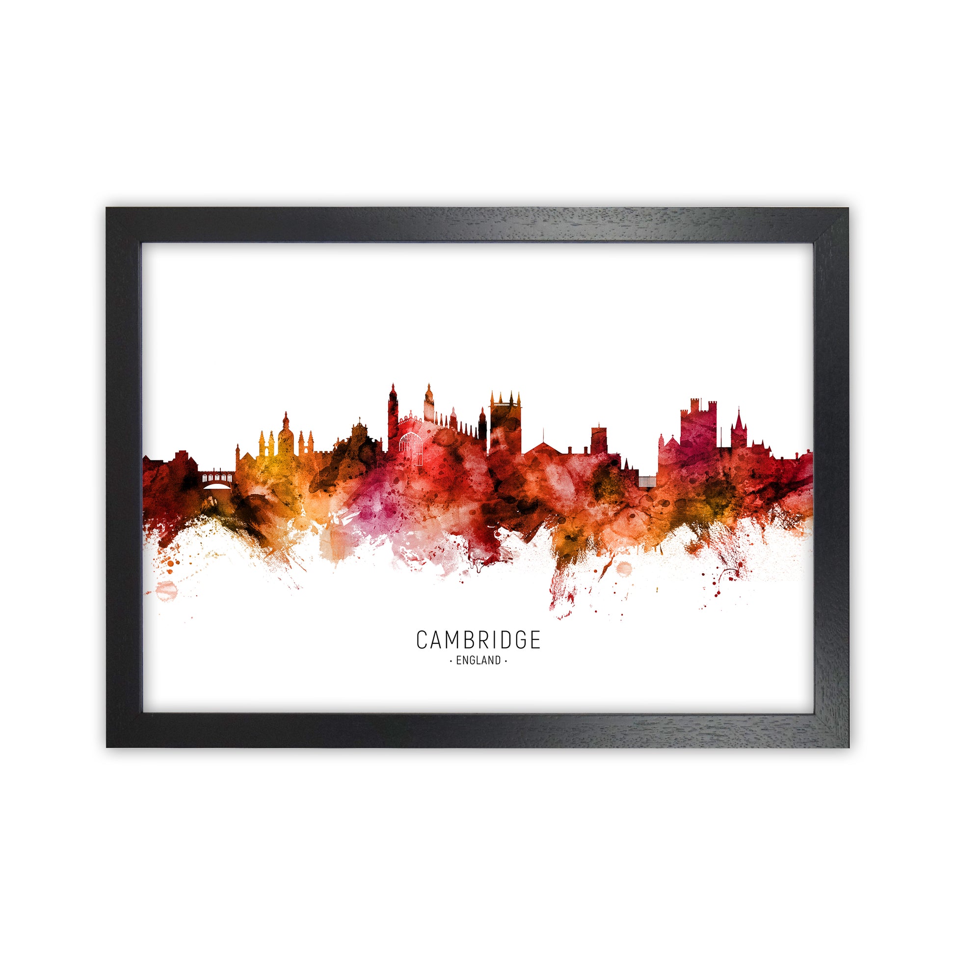 Cambridge England Skyline Red City Name  by Michael Tompsett Black Grain
