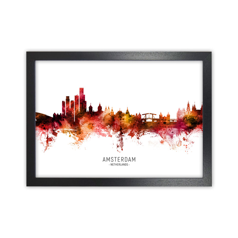 Amsterdam Netherlands Skyline Red City Name  by Michael Tompsett Black Grain