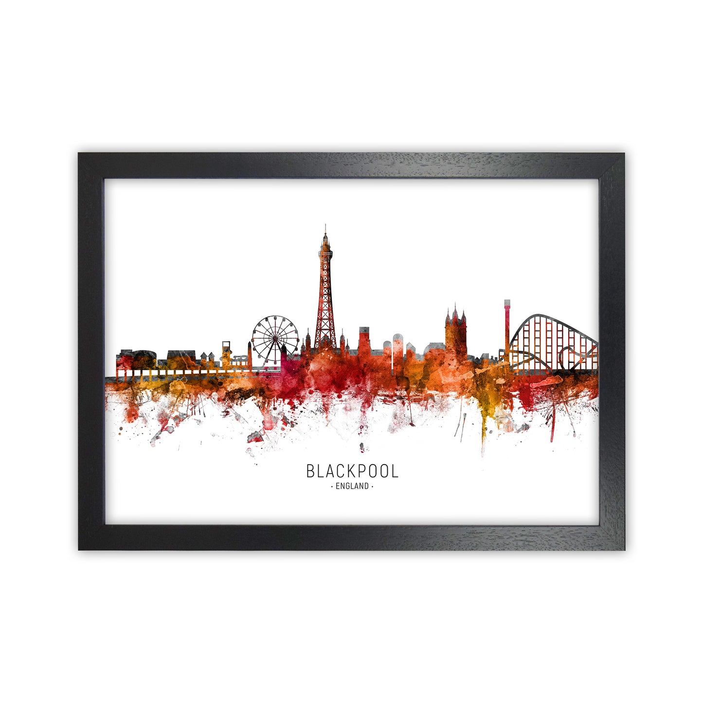 Blackpool England Skyline Red City Name  by Michael Tompsett Black Grain