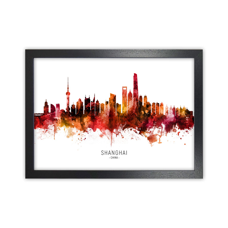 Shanghai China Skyline Red City Name  by Michael Tompsett Black Grain