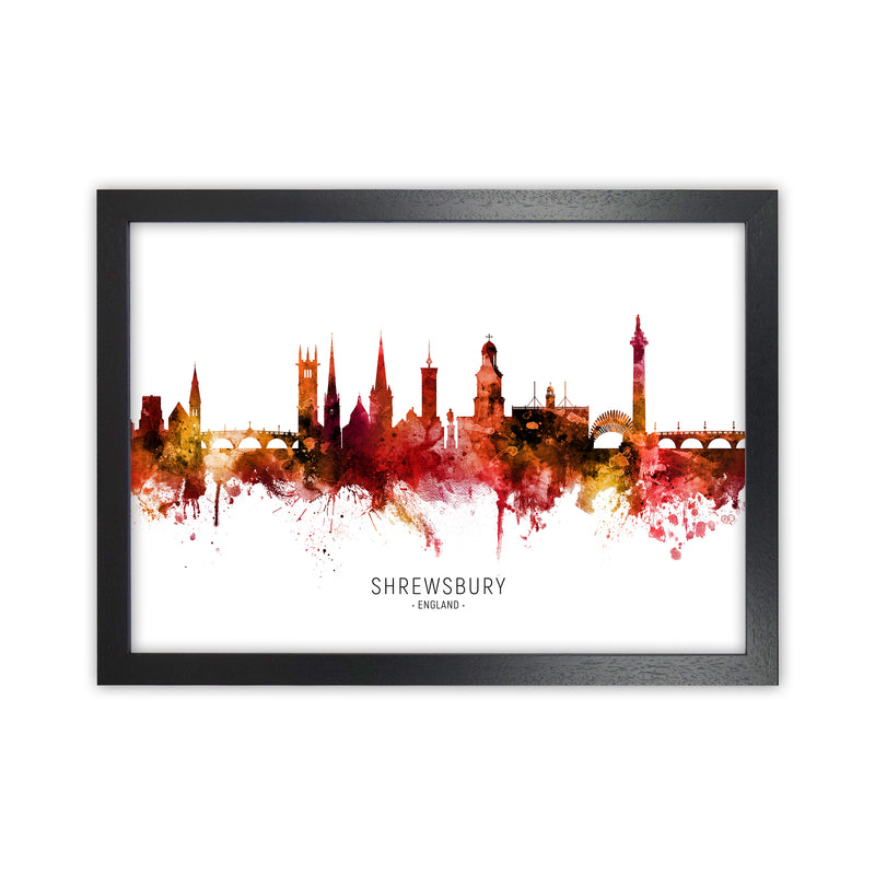 Shrewsbury England Skyline Red City Name  by Michael Tompsett Black Grain