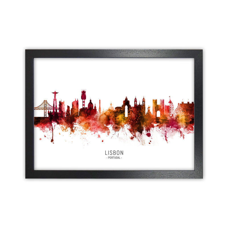 Lisbon Portugal Skyline Red City Name  by Michael Tompsett Black Grain