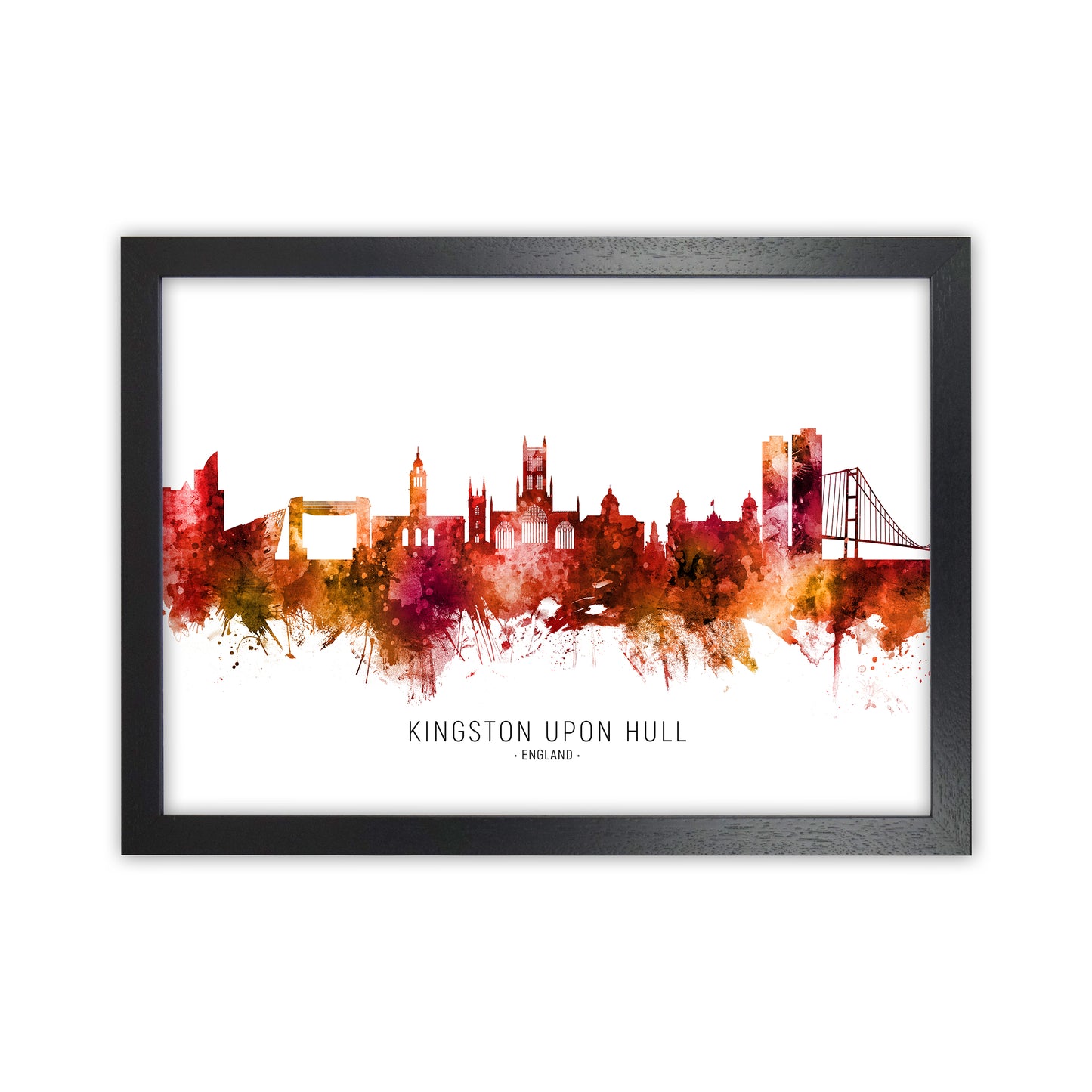 Kingston Upon Hull England Skyline Red City Name  by Michael Tompsett Black Grain