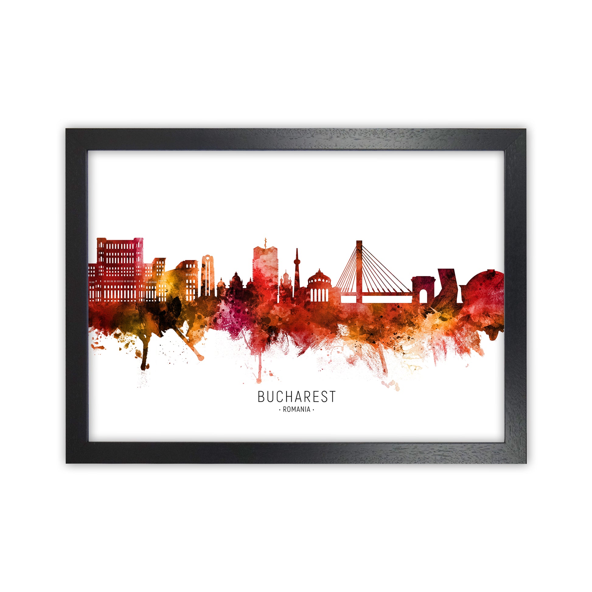 Bucharest Romania Skyline Red City Name  by Michael Tompsett Black Grain