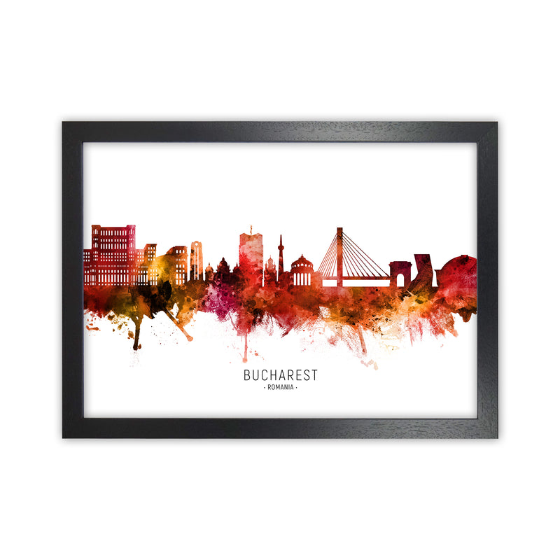 Bucharest Romania Skyline Red City Name  by Michael Tompsett Black Grain