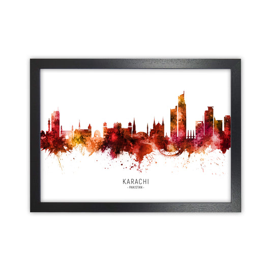 Karachi Pakistan Skyline Red City Name  by Michael Tompsett Black Grain