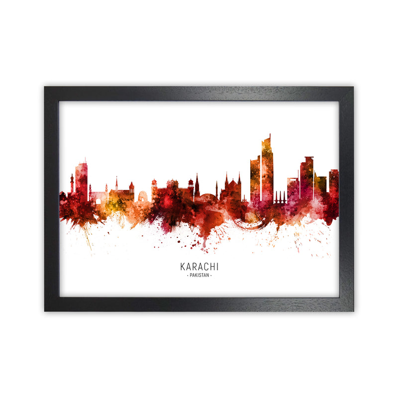 Karachi Pakistan Skyline Red City Name  by Michael Tompsett Black Grain