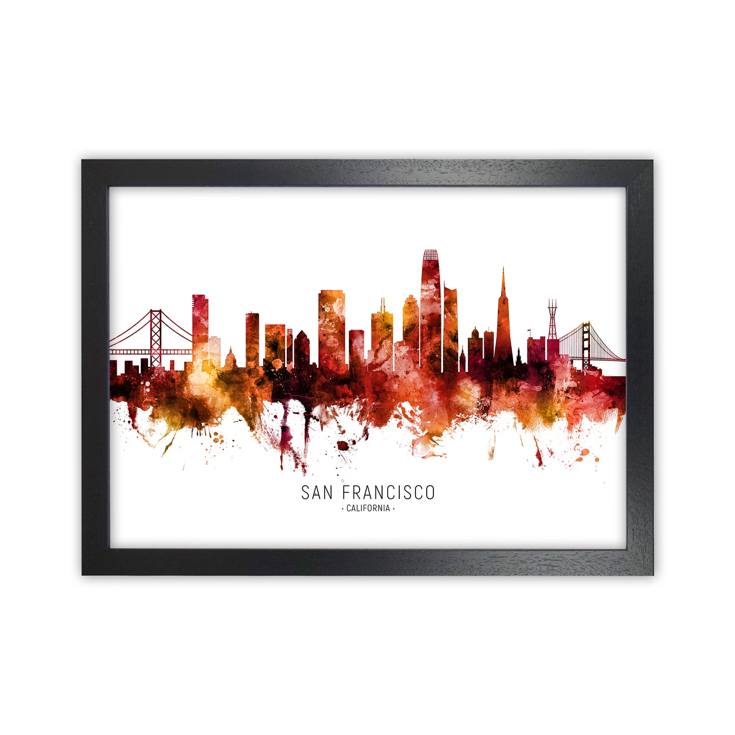 San Francisco California Skyline Red City Name  by Michael Tompsett Black Grain
