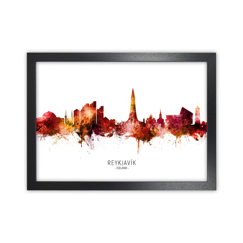 Reykjavik Iceland Skyline Red City Name  by Michael Tompsett Black Grain