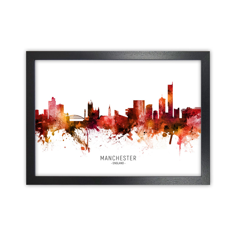 Manchester England Skyline Red City Name  by Michael Tompsett Black Grain