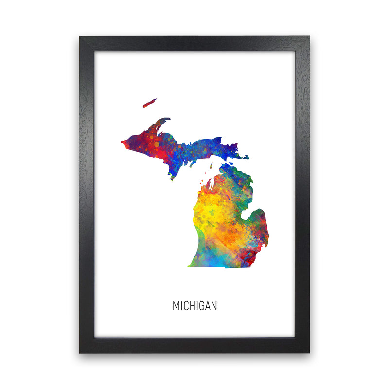 Michigan Watercolour Map Art Print by Michael Tompsett Black Grain