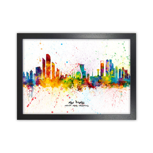 Abu Dhabi United Arab Emirates Skyline Splash Art Print by Michael Tompsett Black Grain