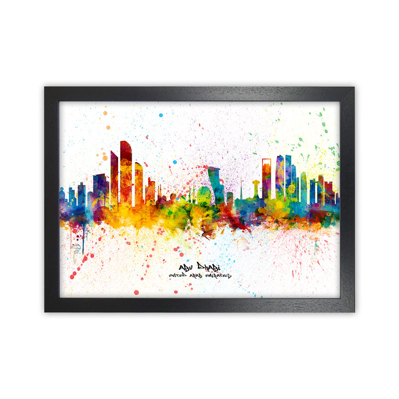 Abu Dhabi United Arab Emirates Skyline Splash Art Print by Michael Tompsett Black Grain