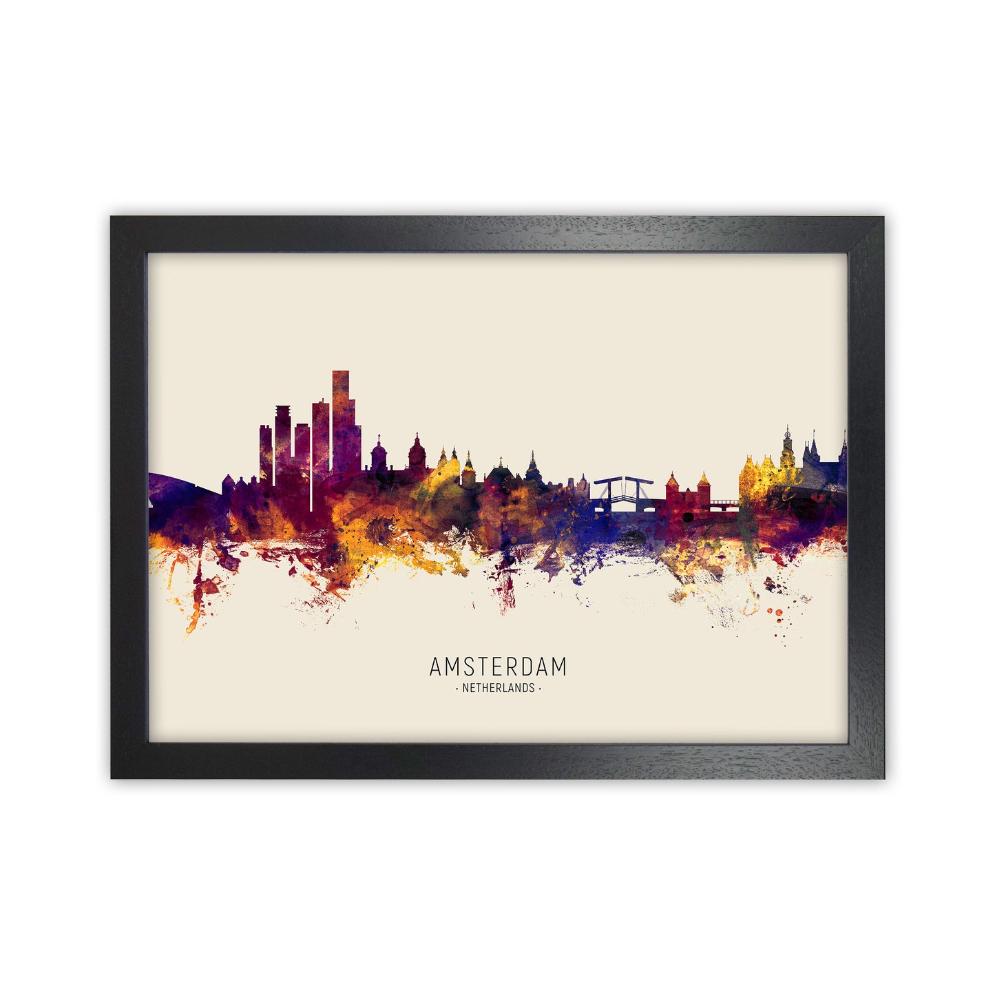Amsterdam Netherlands Skyline Autumn City Name Art Print by Michael Tompsett Black Grain