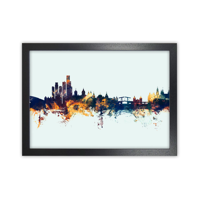 Amsterdam Netherlands Skyline Blue Orange Art Print by Michael Tompsett Black Grain