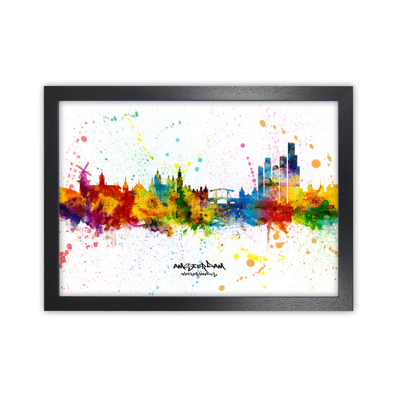 Amsterdam Netherlands Skyline Splash Art Print by Michael Tompsett Black Grain