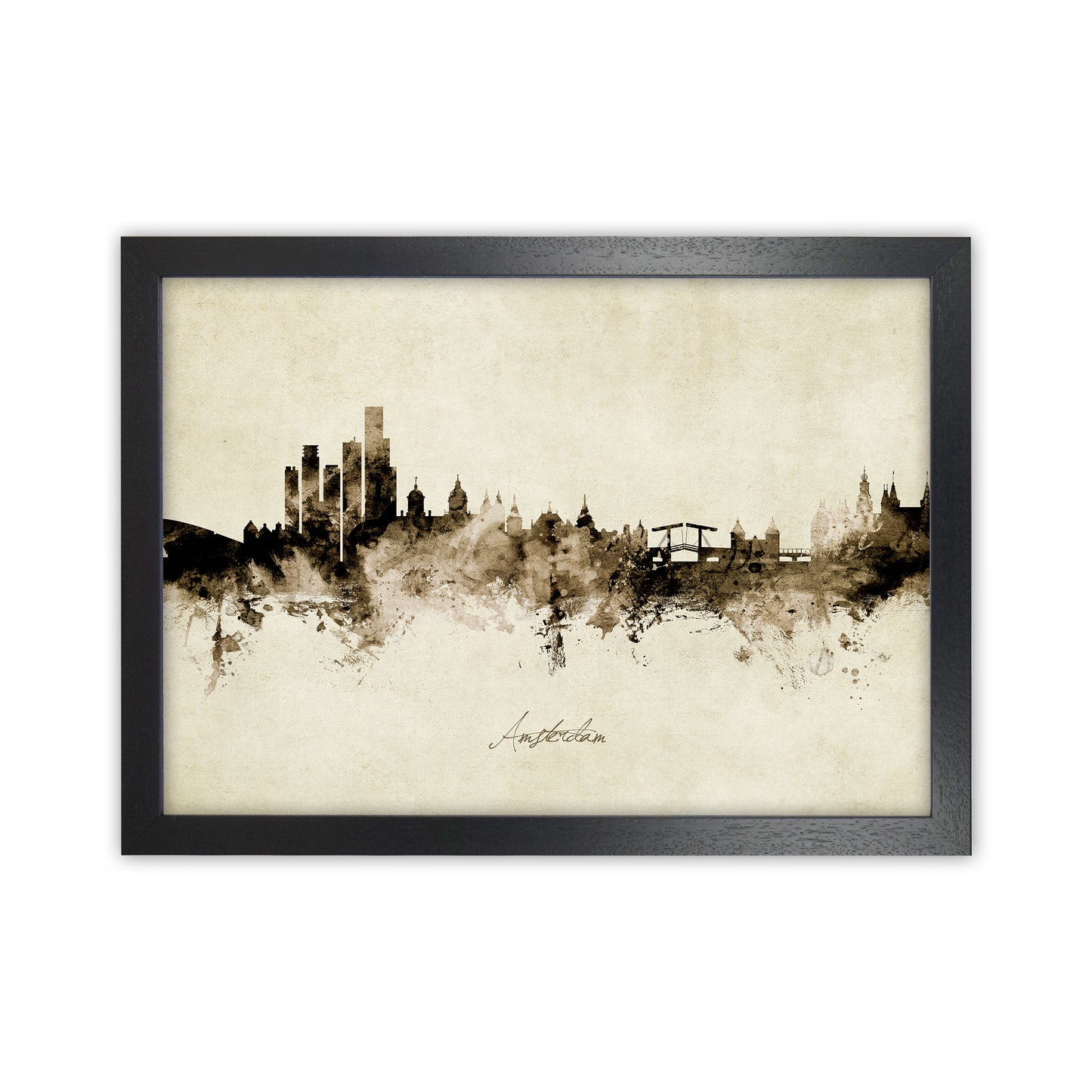 Amsterdam Netherlands Skyline Vintage Art Print by Michael Tompsett Black Grain