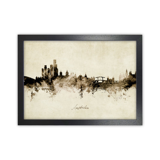 Amsterdam Netherlands Skyline Vintage Art Print by Michael Tompsett Black Grain