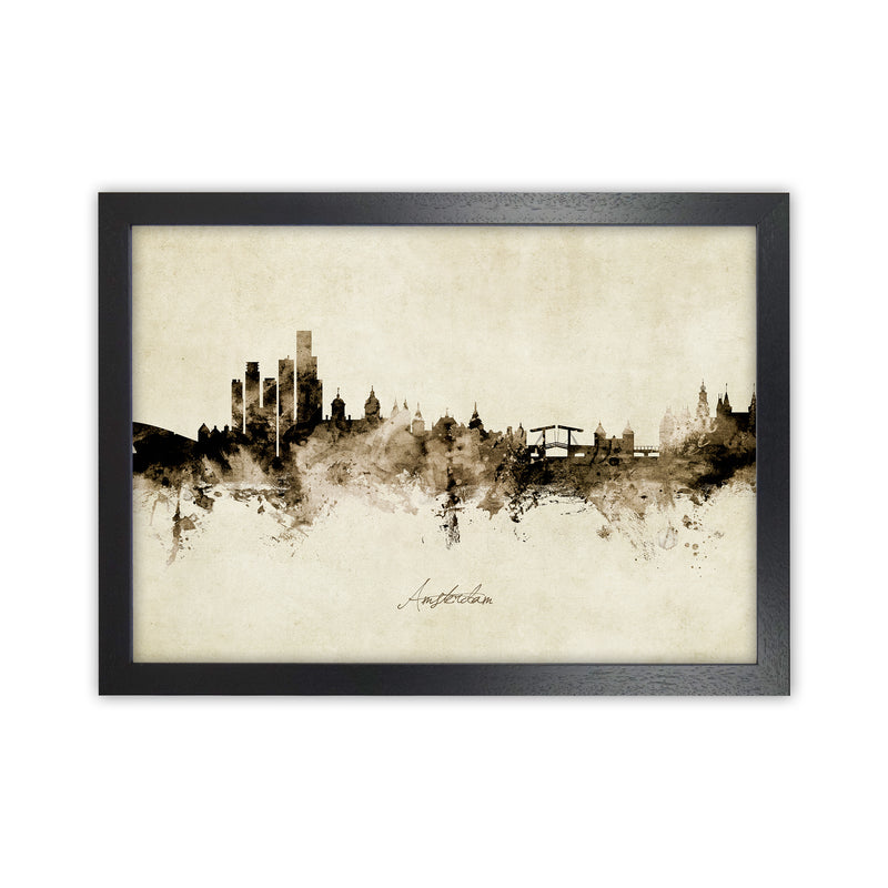 Amsterdam Netherlands Skyline Vintage Art Print by Michael Tompsett Black Grain
