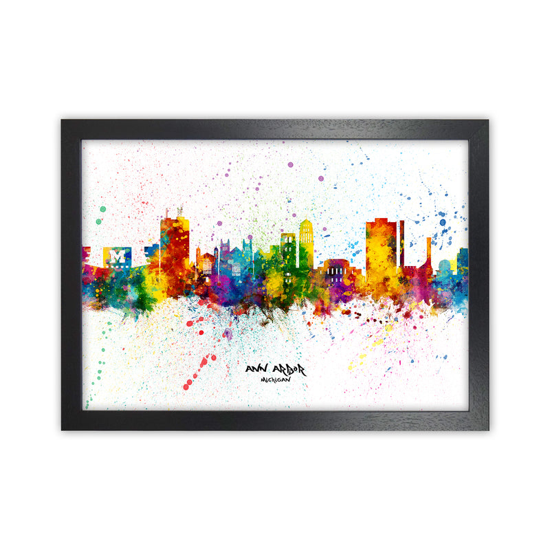 Ann Arbor Michigan Skyline Splash Art Print by Michael Tompsett Black Grain