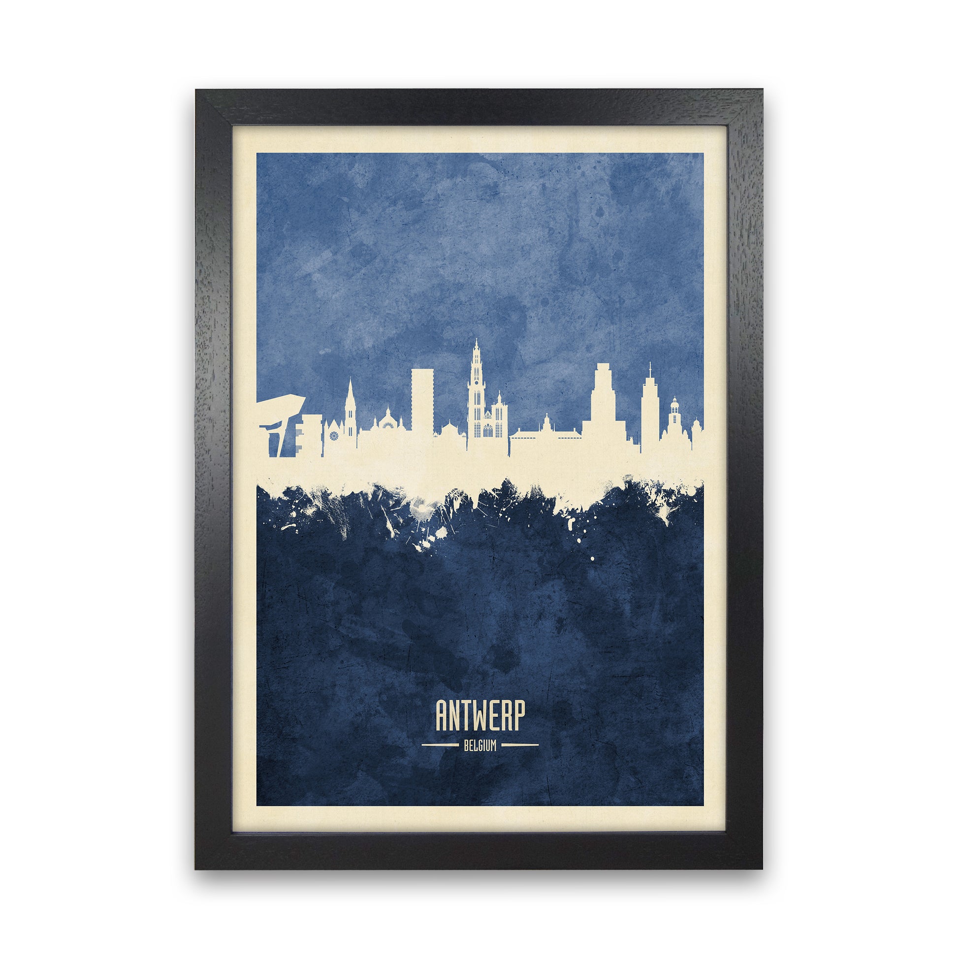 Antwerp Belgium Skyline Portrait Navy Art Print by Michael Tompsett Black Grain