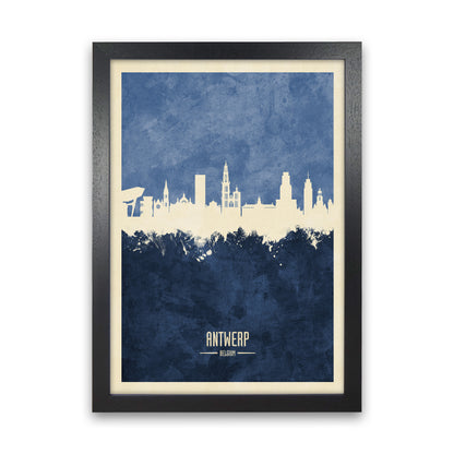 Antwerp Belgium Skyline Portrait Navy Art Print by Michael Tompsett Black Grain