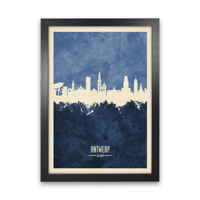 Antwerp Belgium Skyline Portrait Navy Art Print by Michael Tompsett Black Grain