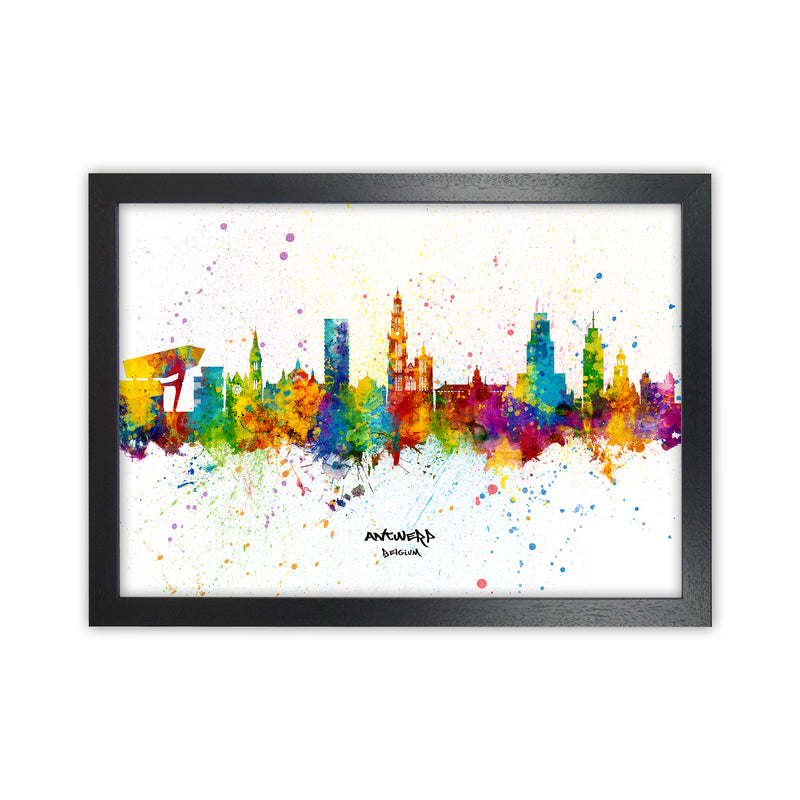 Antwerp Belgium Skyline Splash Art Print by Michael Tompsett Black Grain