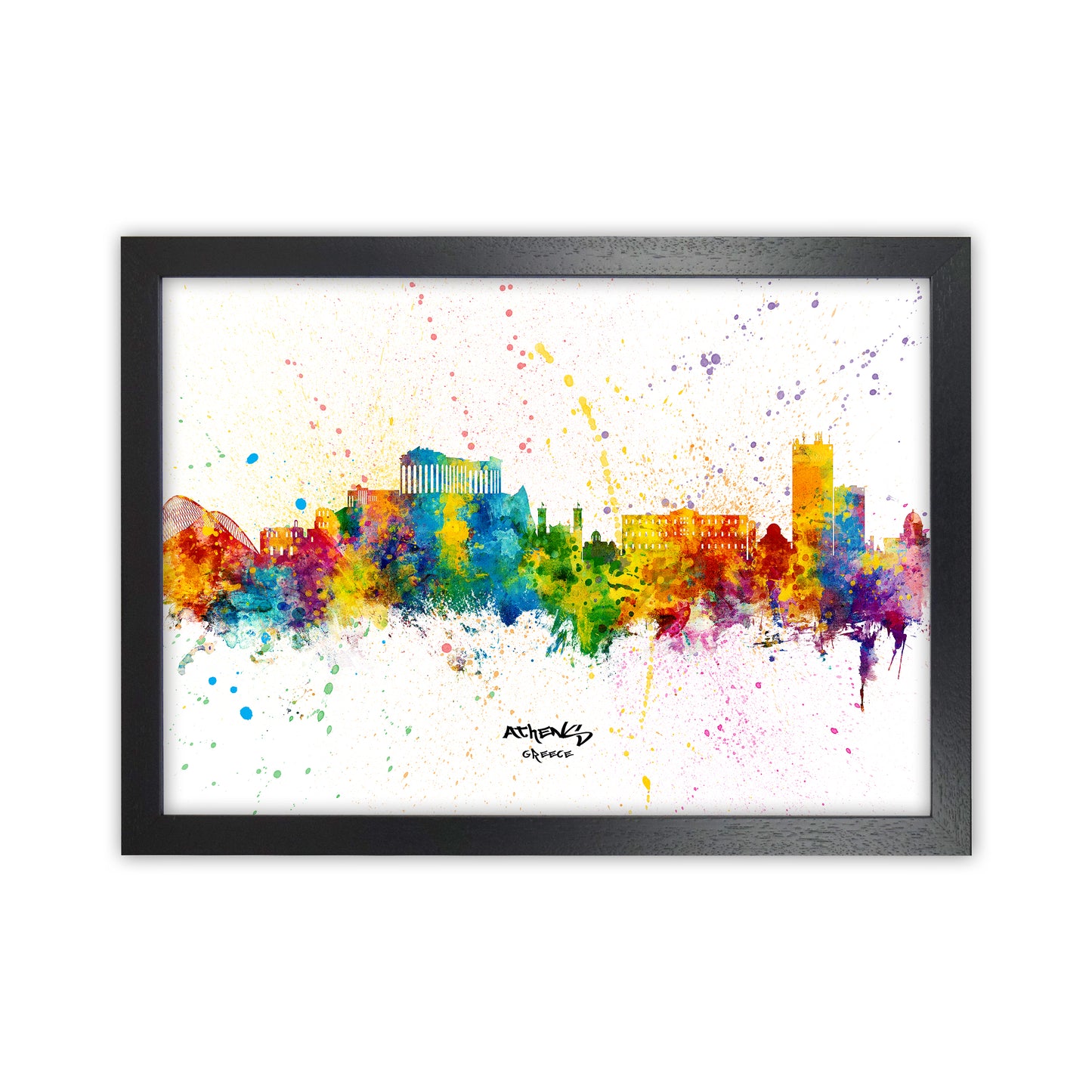 Athens Greece Skyline Splash Art Print by Michael Tompsett Black Grain