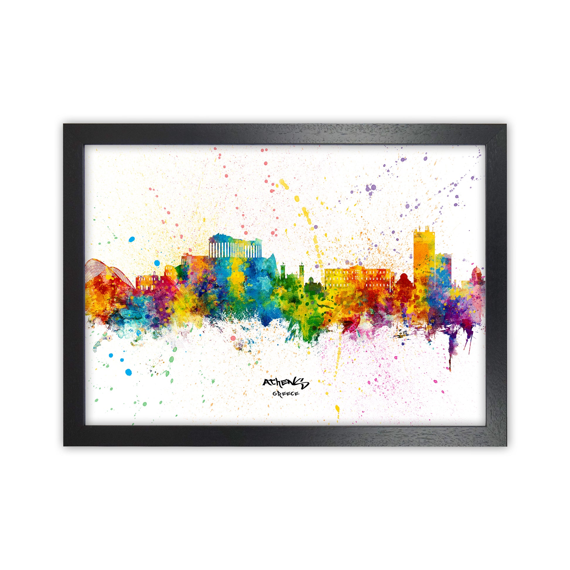 Athens Greece Skyline Splash Art Print by Michael Tompsett Black Grain