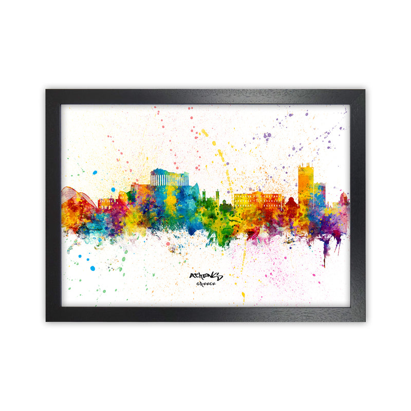Athens Greece Skyline Splash Art Print by Michael Tompsett Black Grain