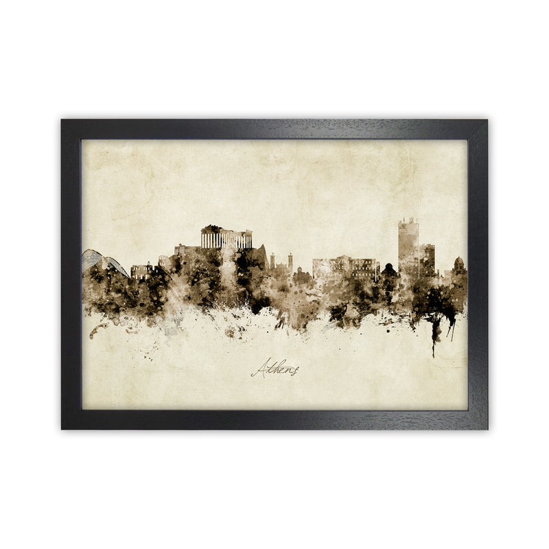 Athens Greece Skyline Vintage Art Print by Michael Tompsett Black Grain