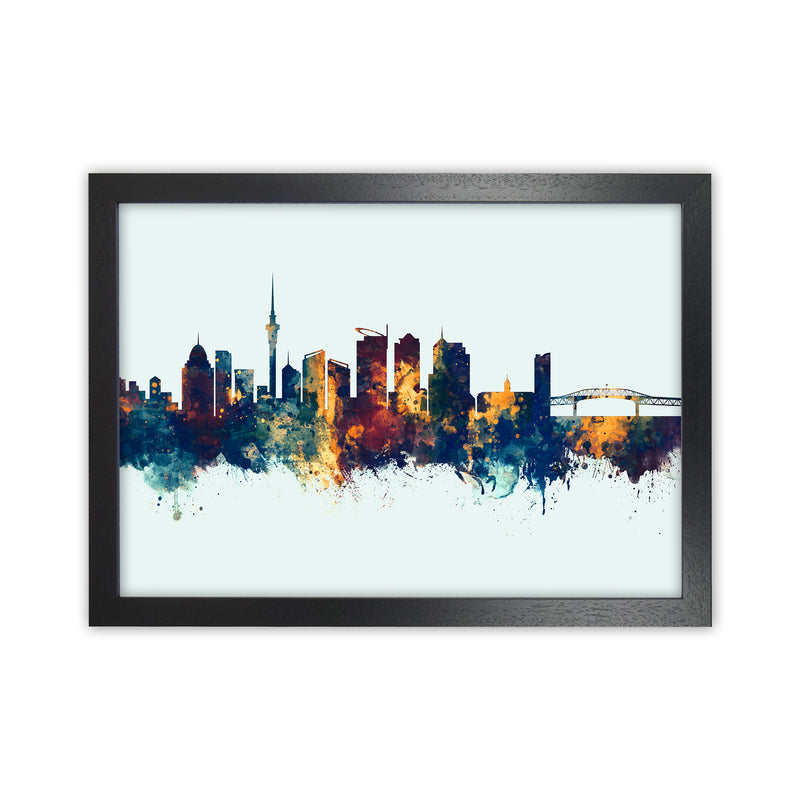 Auckland New Zealand Skyline Blue Orange Art Print by Michael Tompsett Black Grain