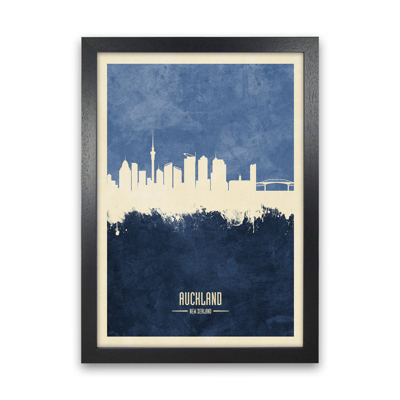 Auckland New Zealand Skyline Portrait Navy Art Print by Michael Tompsett Black Grain