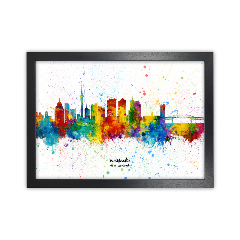Auckland New Zealand Skyline Splash Art Print by Michael Tompsett Black Grain