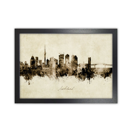Auckland New Zealand Skyline Vintage Art Print by Michael Tompsett Black Grain